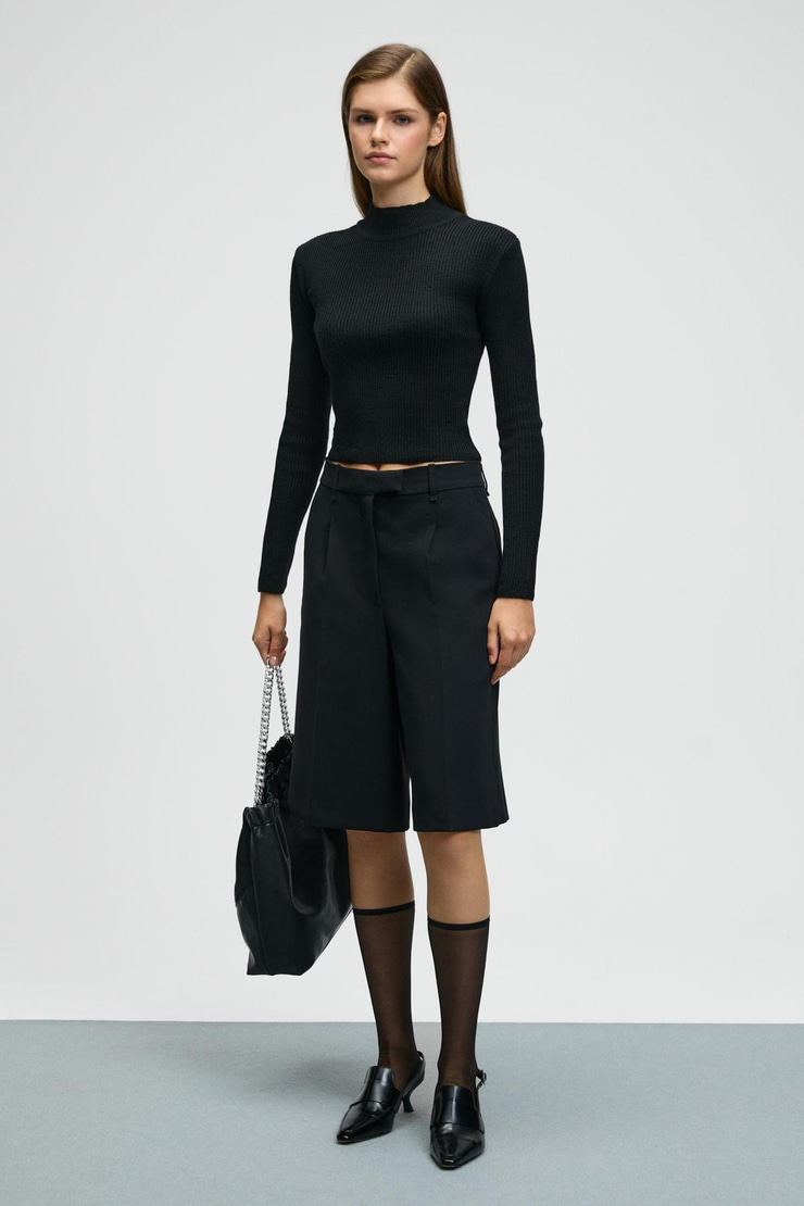 CALIDA Kadın Dik Yaka Fitilli Görünümlü Slim Fit Triko Siyah Kazak