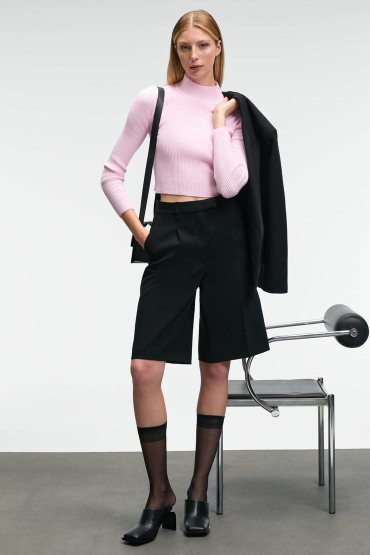 CALIDA Kadın Dik Yaka Fitilli Görünümlü Slim Fit Triko Pembe Kazak