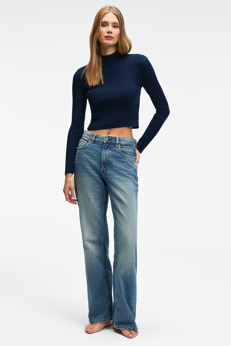 CALIDA Kadın Dik Yaka Fitilli Görünümlü Slim Fit Triko Lacivert Kazak