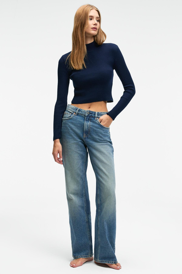 CALIDA Kadın Dik Yaka Fitilli Görünümlü Slim Fit Triko Lacivert Kazak