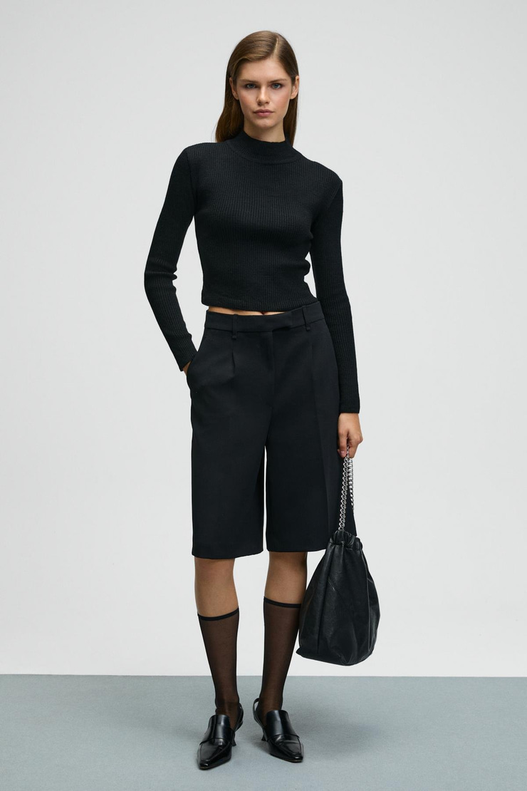 CALIDA Kadın Dik Yaka Fitilli Görünümlü Slim Fit Triko Siyah Kazak