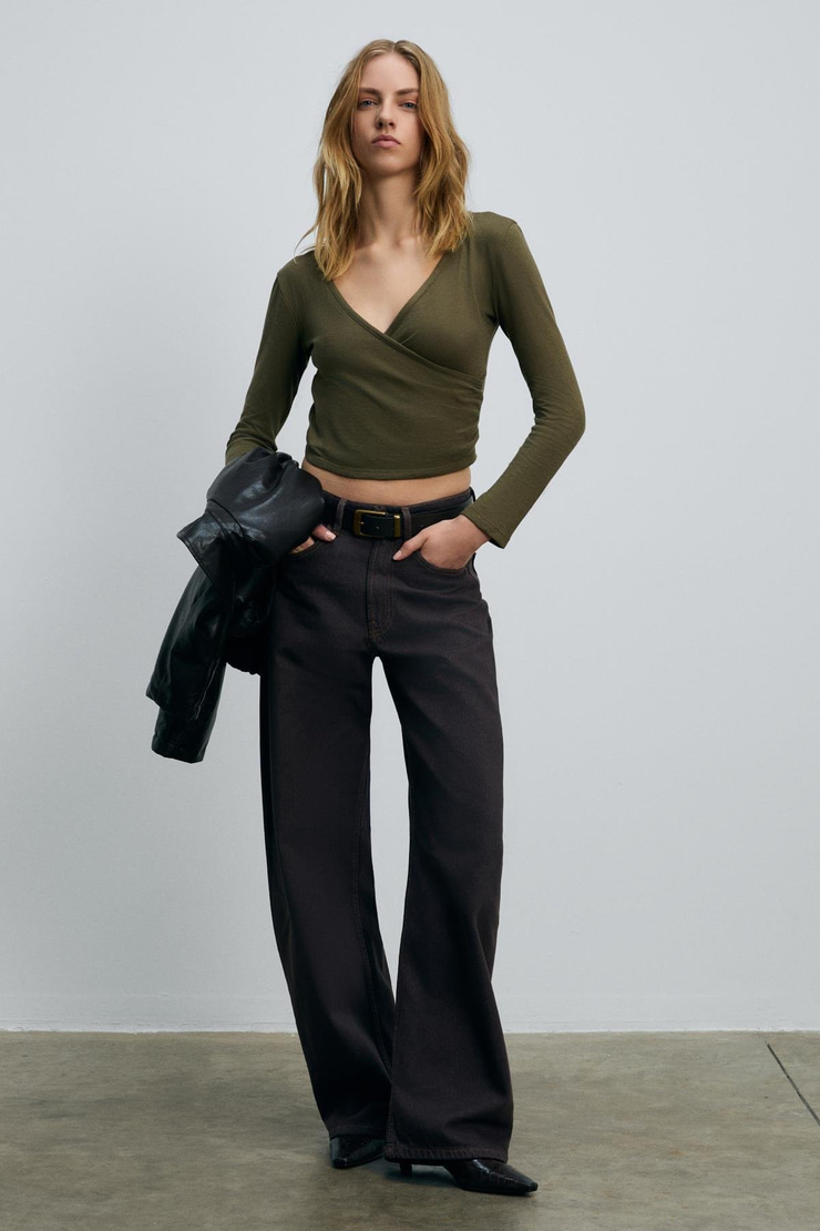 CALLORIA Kadın V Yakalı Uzun Kollu Slim Fit Haki Bluz