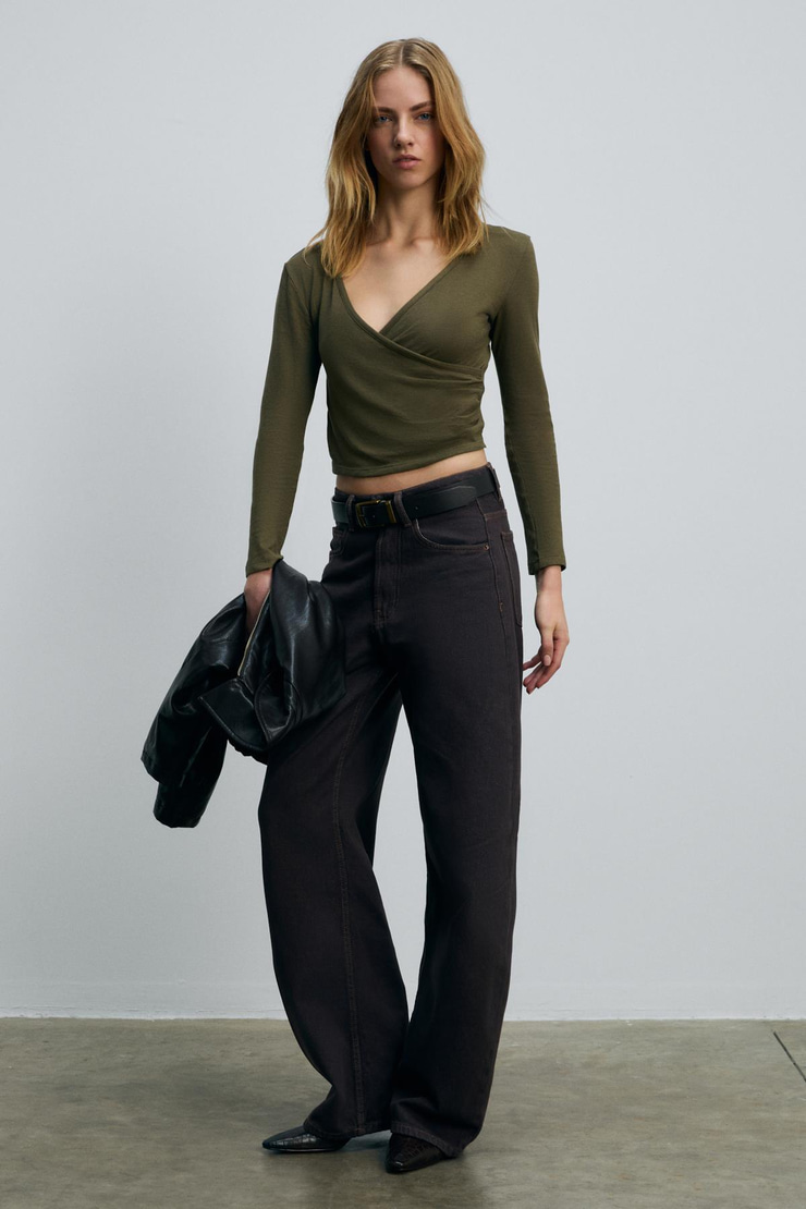 CALLORIA Kadın V Yakalı Uzun Kollu Slim Fit Haki Bluz