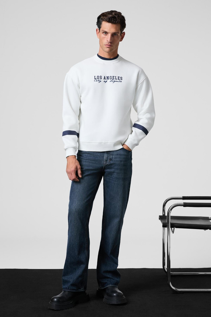 CAMDEN Erkek Önü Kolları Ve Sırtı Baskılı Oversize Fit Bisiklet Yaka Beyaz Sweatshirt