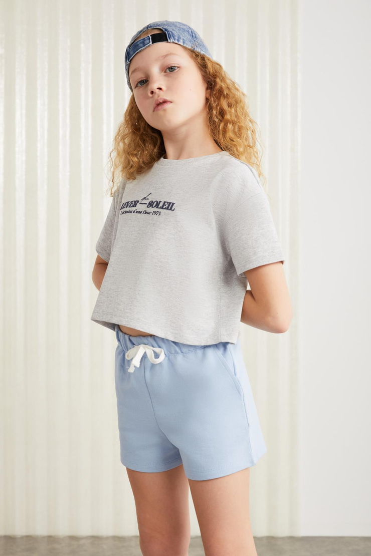 CAMILA-GRM24038 100% pamuk 3 iplik kız çocuk şort Mavi Şort