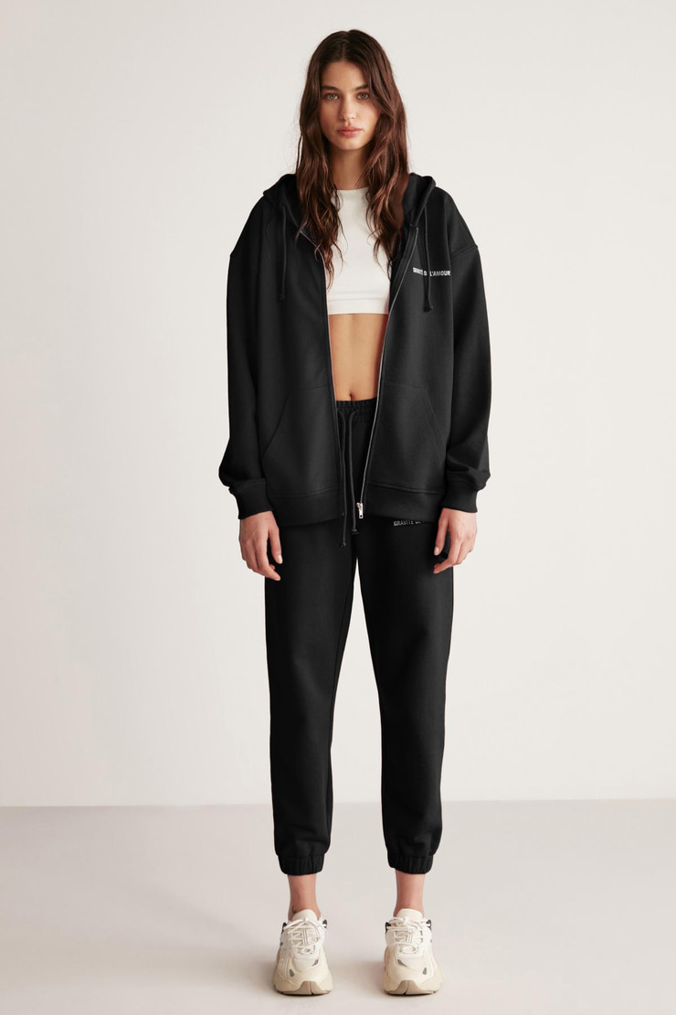 CARROLINE Kadın Nakış İşlemeli Relaxed Dar Paça Organik Pamuk Siyah Eşofman Altı