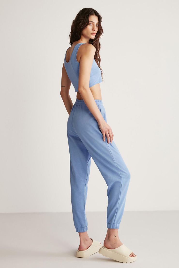 CARROLINE Kadın Nakış İşlemeli Relaxed Dar Paça Organik Pamuk Mavi Eşofman Altı