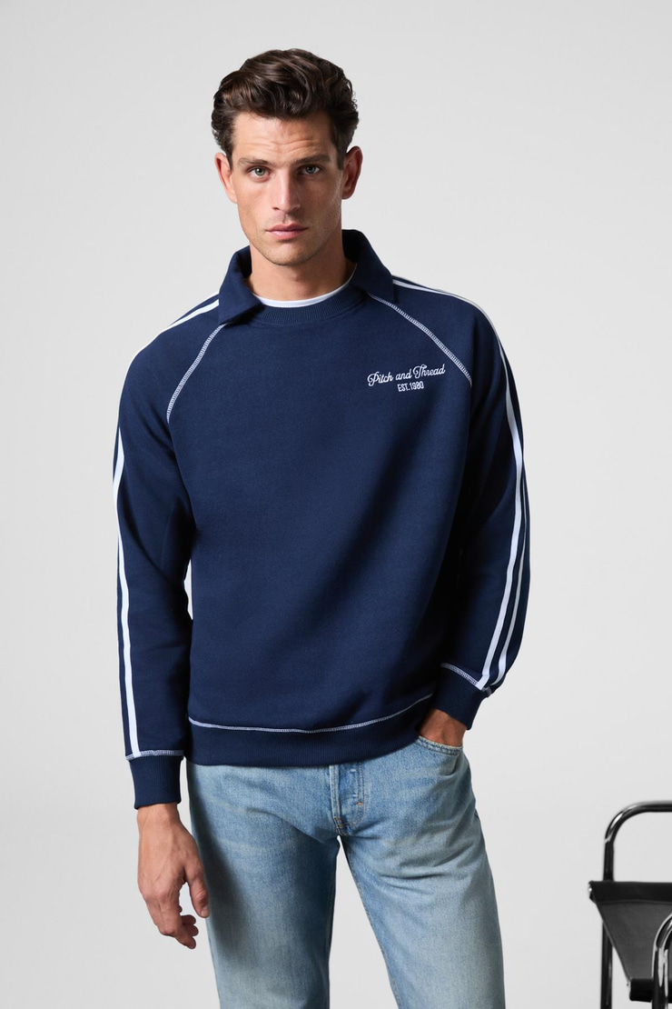 CASIMIR Erkek Göğsü Nakışlı Karyoka Dikişli Omuz Ve Kolları Şeritli Ribanalı Polo Yaka Lacivert Sweatshirt