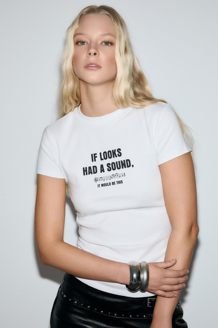 CASSELINA Kadın Yumuşak Ve Esnek Kumaşlı Baskı Detaylı Bisiklet Yakalı Beyaz T-Shirt