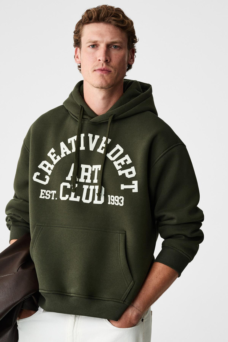 CASSIAN Erkek Önü Kabaran Baskılı Kapüşonlu Kordonlu Kanguru Cepli Haki Sweatshirt