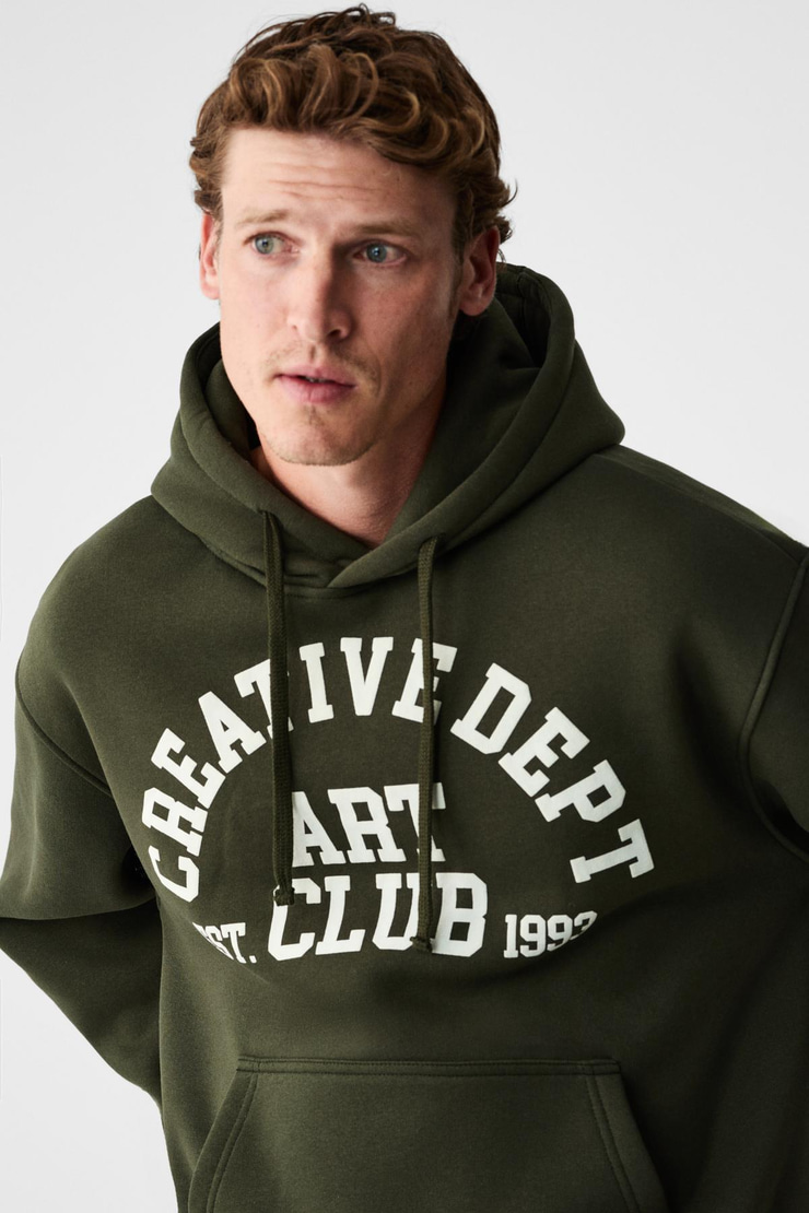 CASSIAN Erkek Önü Kabaran Baskılı Kapüşonlu Kordonlu Kanguru Cepli Haki Sweatshirt