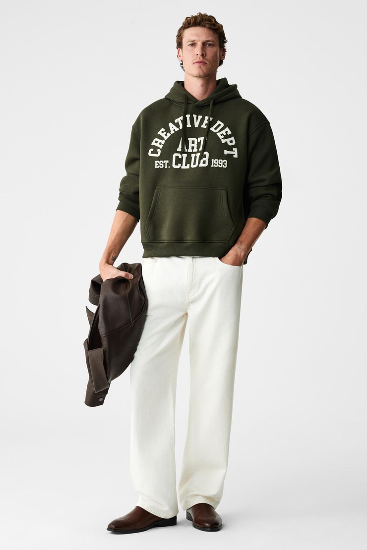 CASSIAN Erkek Önü Kabaran Baskılı Kapüşonlu Kordonlu Kanguru Cepli Haki Sweatshirt