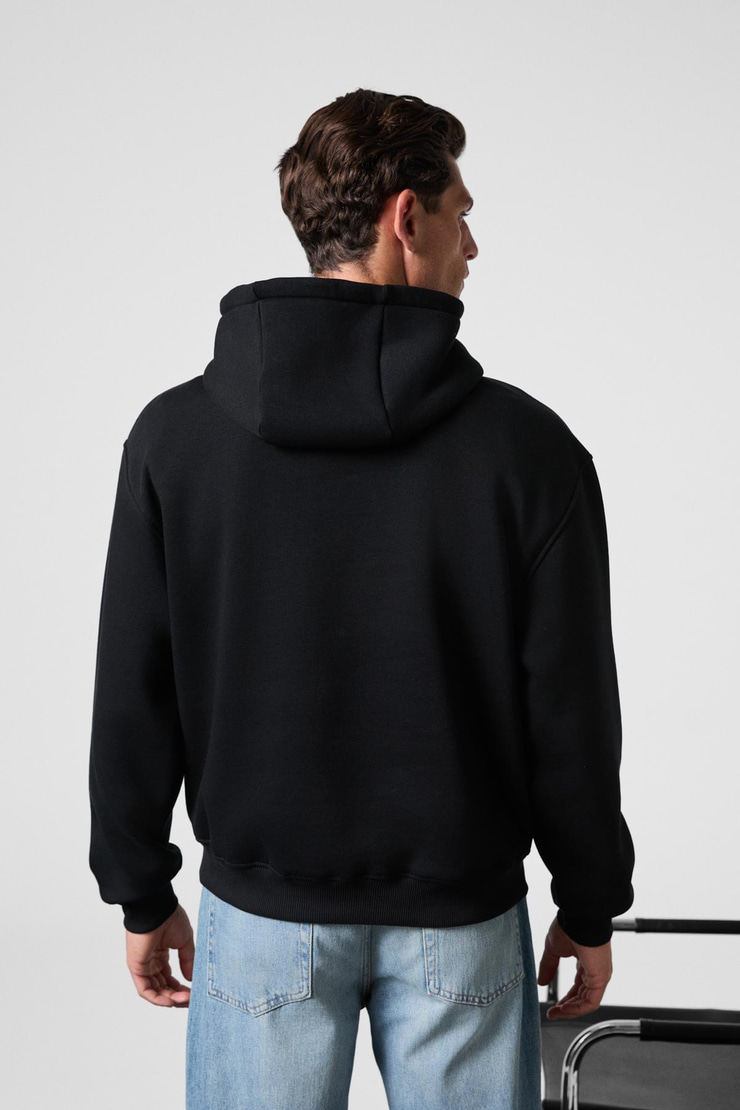 CASSIAN Erkek Önü Kabaran Baskılı Kapüşonlu Kordonlu Kanguru Cepli Siyah Sweatshirt