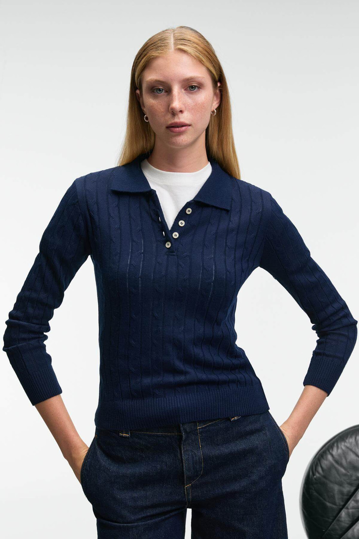 CASTANA Kadın Polo Yaka Düğmeli Regular Fit Triko Lacivert Kazak