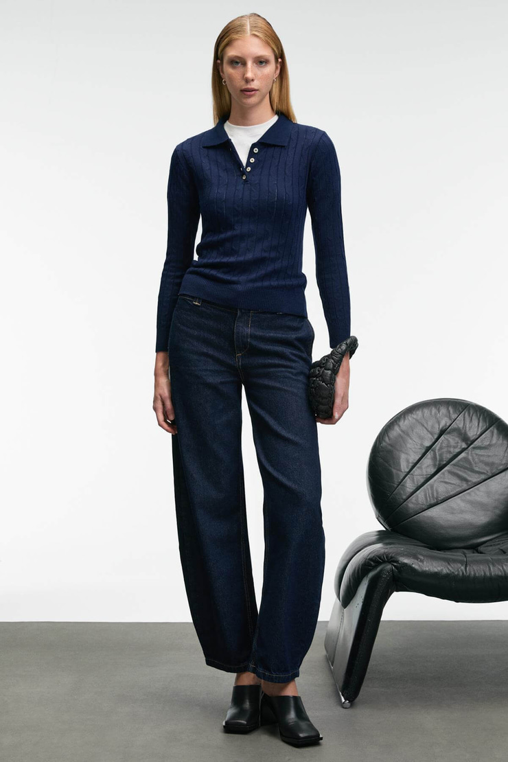 CASTANA Kadın Polo Yaka Düğmeli Regular Fit Triko Lacivert Kazak