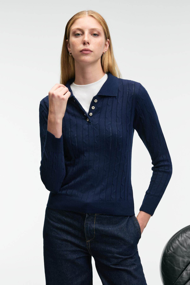 CASTANA Kadın Polo Yaka Düğmeli Regular Fit Triko Lacivert Kazak