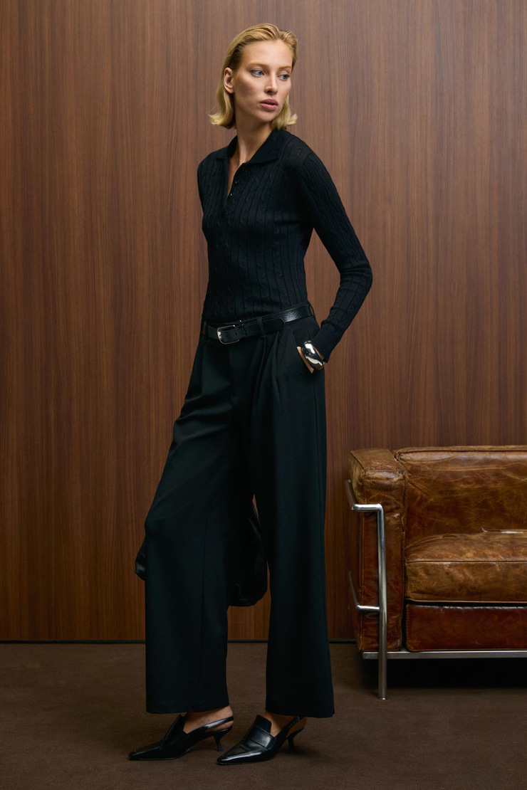 CASTANA Kadın Polo Yaka Düğmeli Regular Fit Triko Siyah Kazak