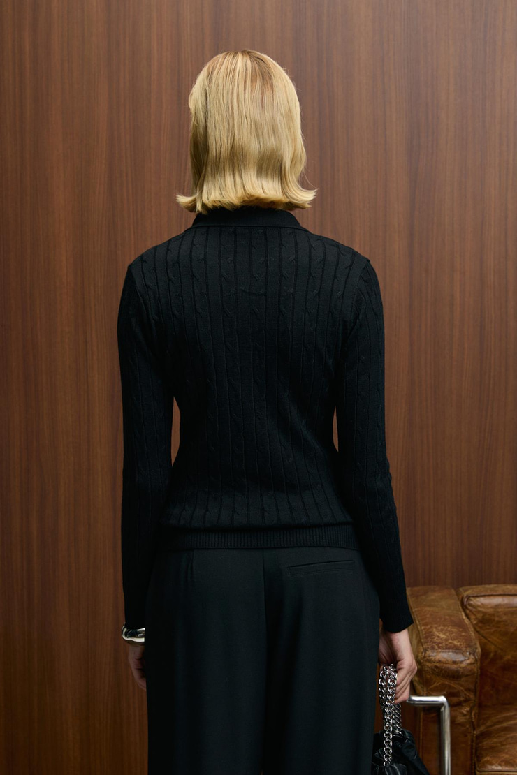 CASTANA Kadın Polo Yaka Düğmeli Regular Fit Triko Siyah Kazak