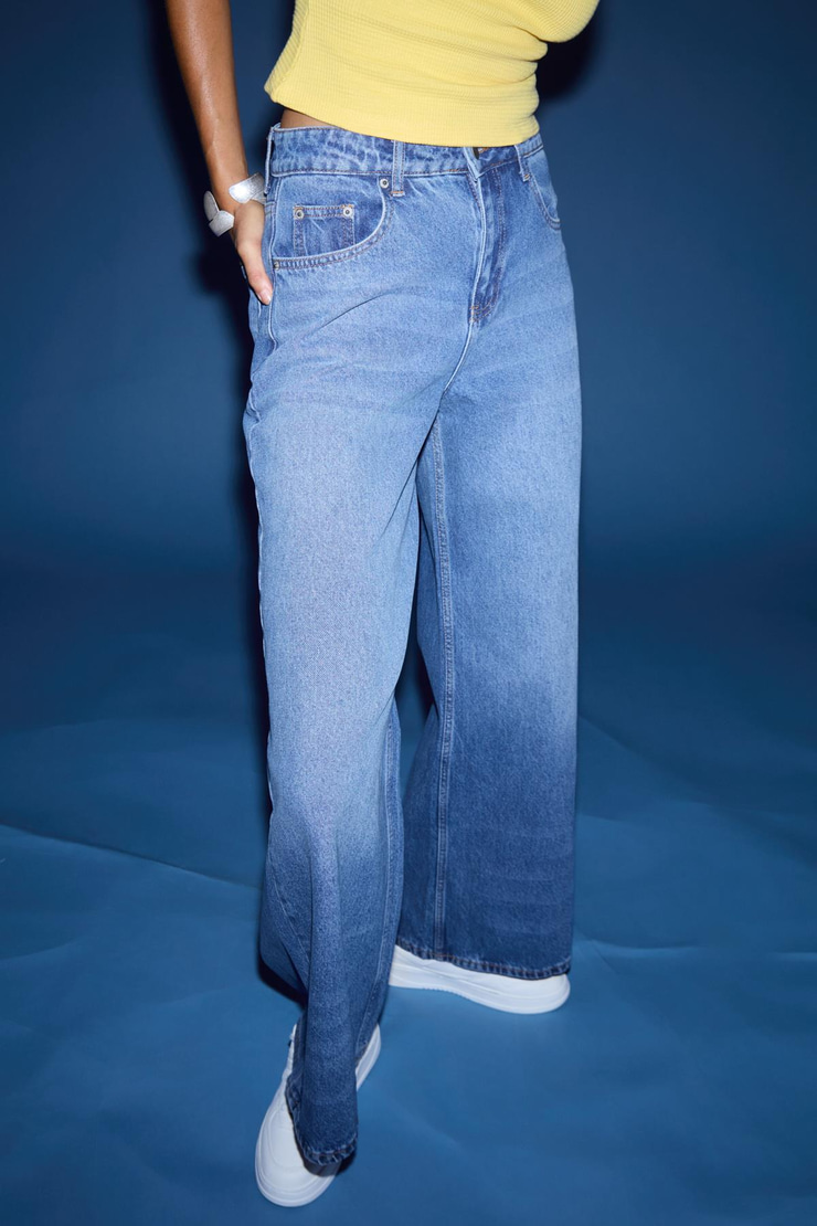 CELETNA Kadın %100 Pamuk Extra Wide Leg Mavi Jeans