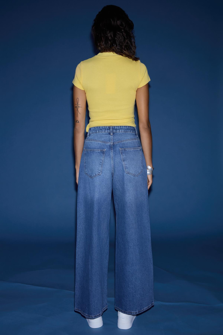 CELETNA Kadın %100 Pamuk Extra Wide Leg Mavi Jeans