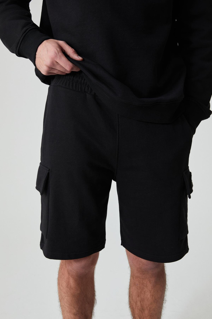 CERVINO Erkek Beli Lastikli Nakış Detaylı Kargo Cep Comfort Siyah Şort