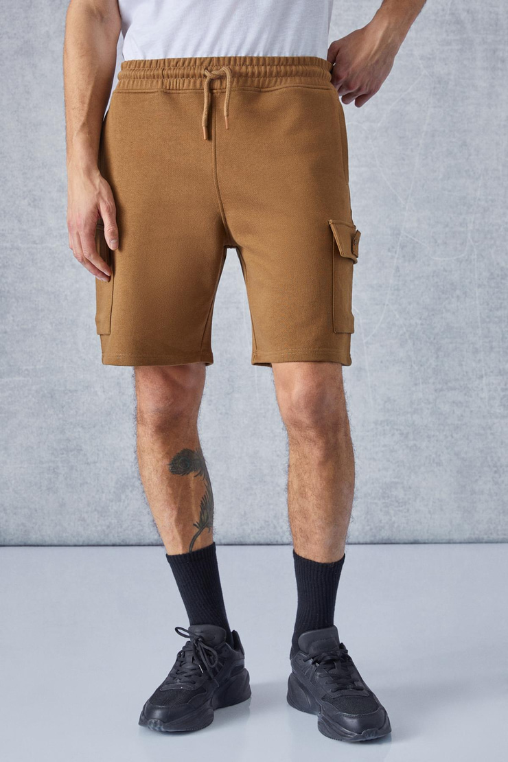 CERVINO Erkek Beli Lastikli Nakış Detaylı Kargo Cep Comfort Koyu Kahverengi Şort
