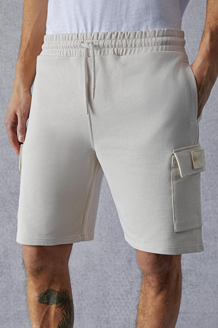 CERVINO Erkek Beli Lastikli Nakış Detaylı Kargo Cep Comfort Bej Şort