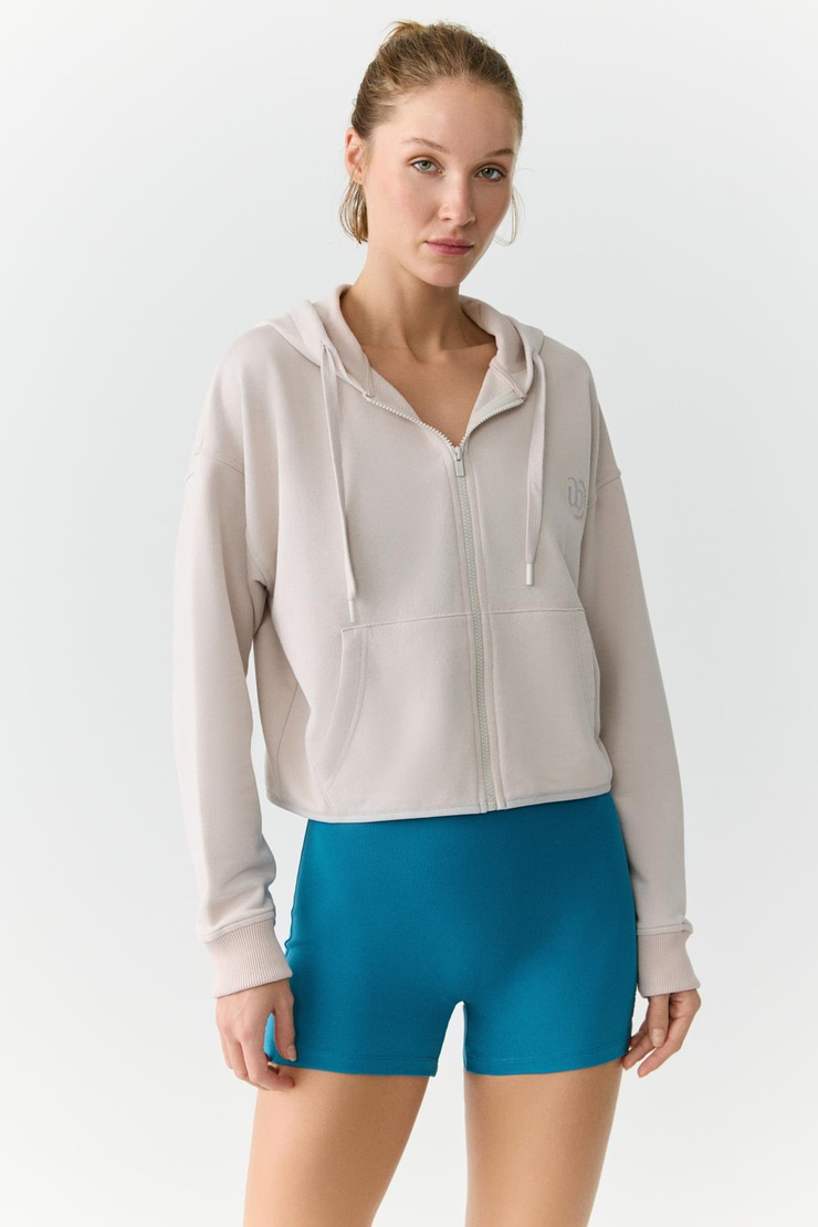 CHARISMA Kadın Kapüşonlu Relaxed Fermuarlı Baskı Detaylı Taş Rengi Sweatshirt