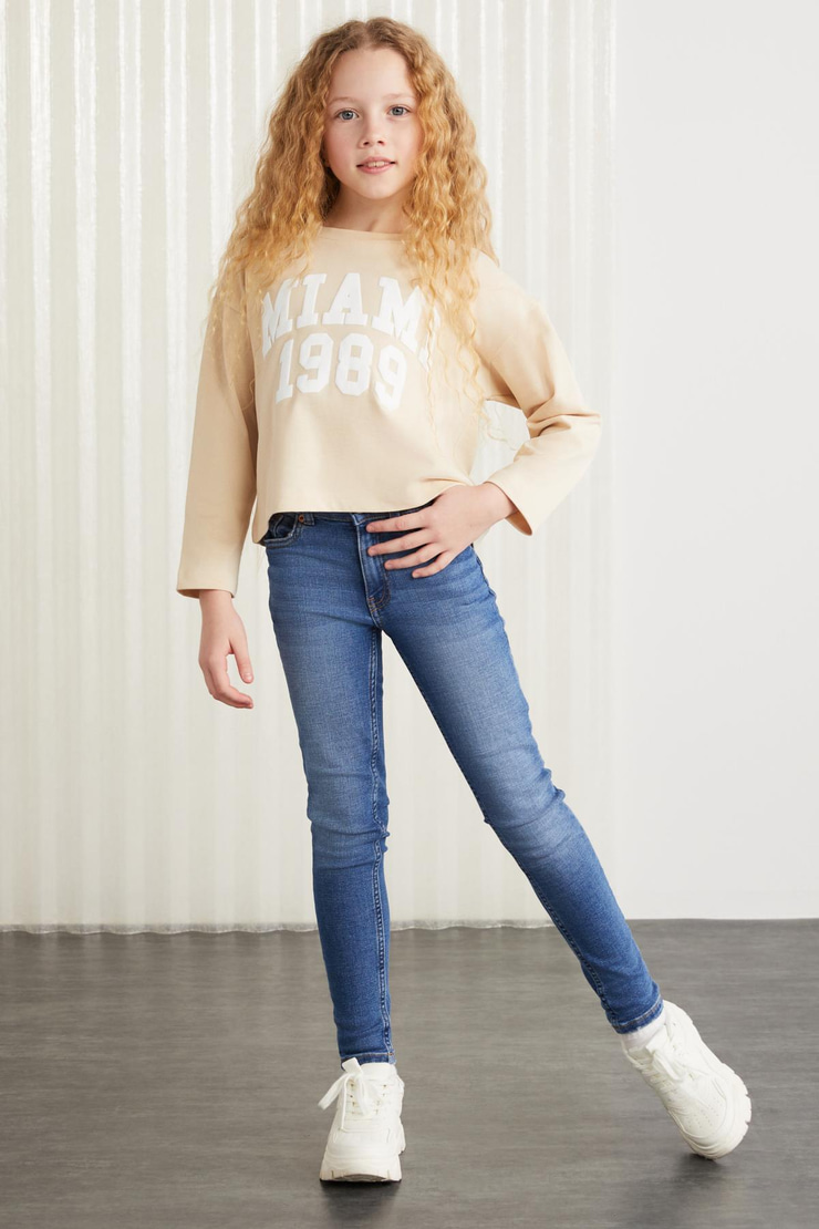 CHERLY-GRM24020-100% pamuk baskılı kız çocuk uzun kollu tshirt Bej T-Shirt