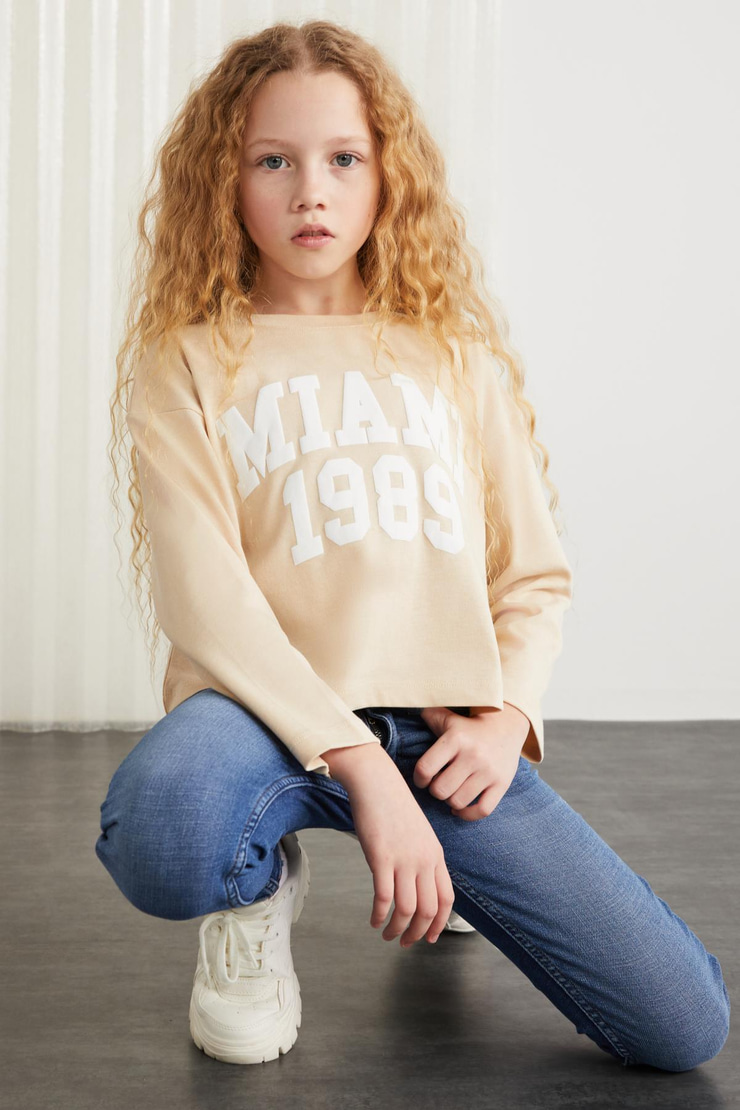 CHERLY-GRM24020-100% pamuk baskılı kız çocuk uzun kollu tshirt Bej T-Shirt