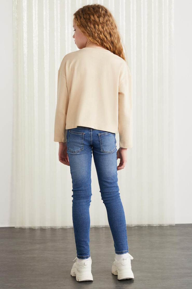 CHERLY-GRM24020-100% pamuk baskılı kız çocuk uzun kollu tshirt Bej T-Shirt