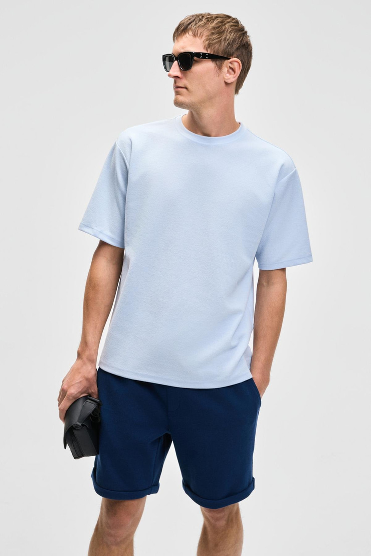 CHIC Erkek Relaxed Fit Dokulu Pamuk Kumaş Mavi T-Shirt