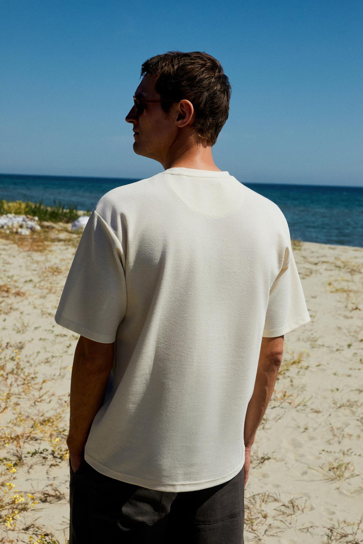 CHIC Erkek Relaxed Fit Dokulu Pamuk Kumaş Ekru T-Shirt