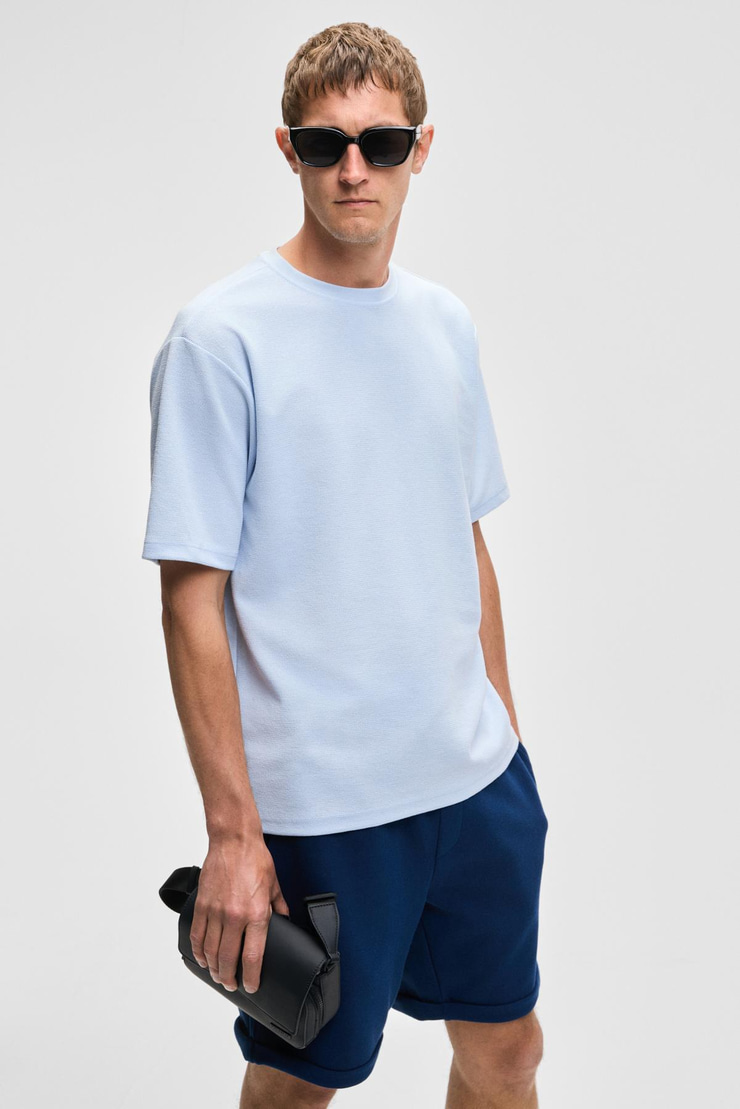 CHIC Erkek Relaxed Fit Dokulu Pamuk Kumaş Mavi T-Shirt