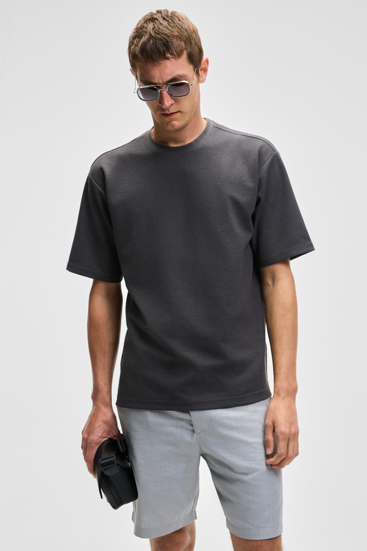 CHIC Erkek Relaxed Fit Dokulu Pamuk Kumaş Antrasit T-Shirt