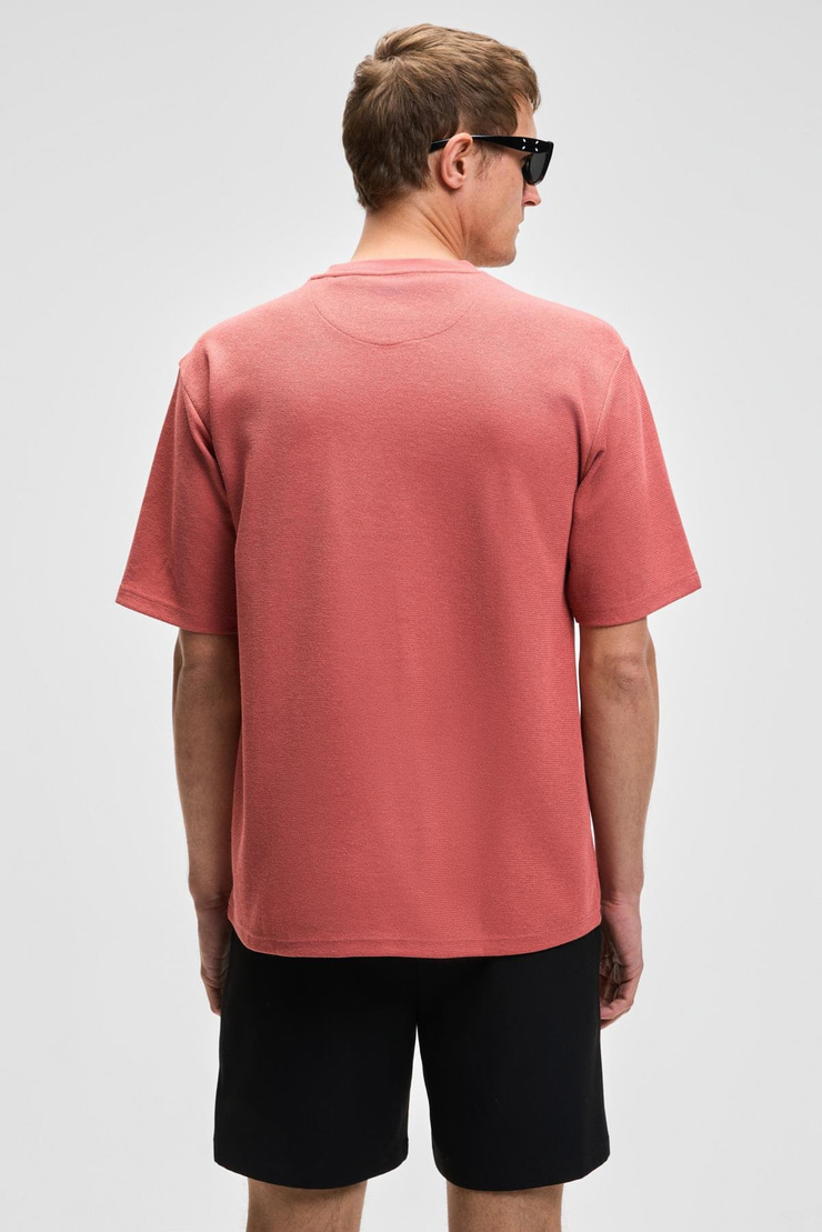 CHIC Erkek Relaxed Fit Dokulu Pamuk Kumaş Kiremit Rengi T-Shirt