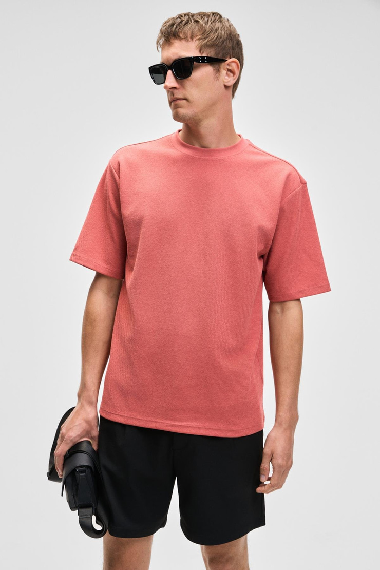 CHIC Erkek Relaxed Fit Dokulu Pamuk Kumaş Kiremit Rengi T-Shirt