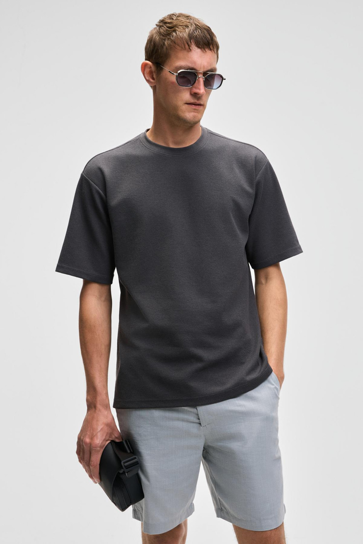 CHIC Erkek Relaxed Fit Dokulu Pamuk Kumaş Antrasit T-Shirt