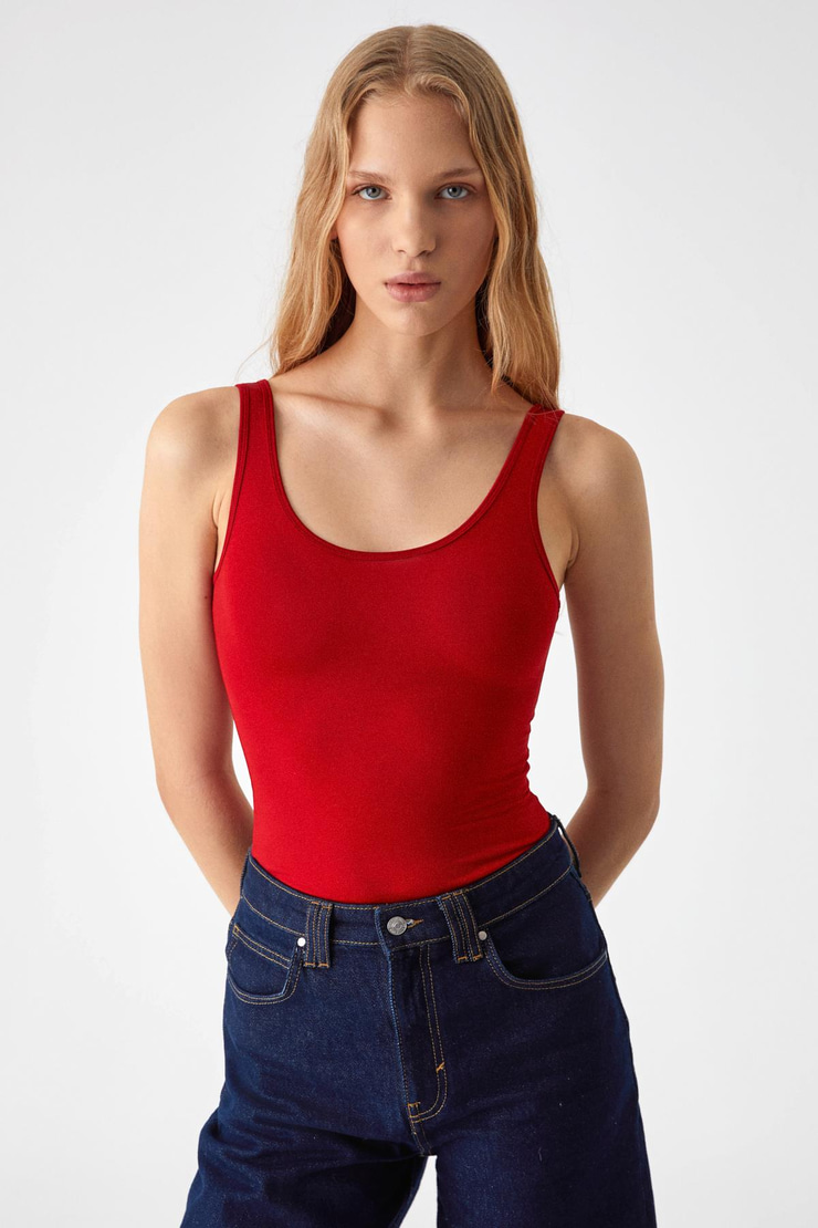 CHILES Kadın Slim Halter Yaka Kolsuz Çıtçıtlı Kırmızı Atlet