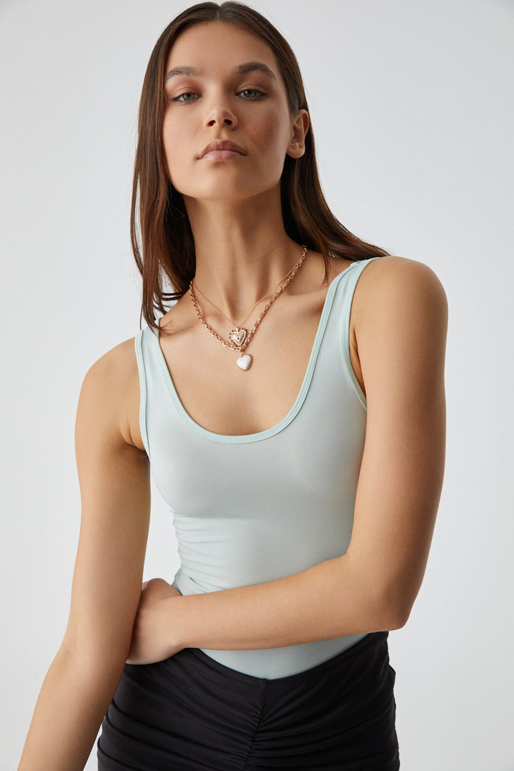 CHILES Kadın Slim Halter Yaka Kolsuz Çıtçıtlı Mint Yeşil Atlet