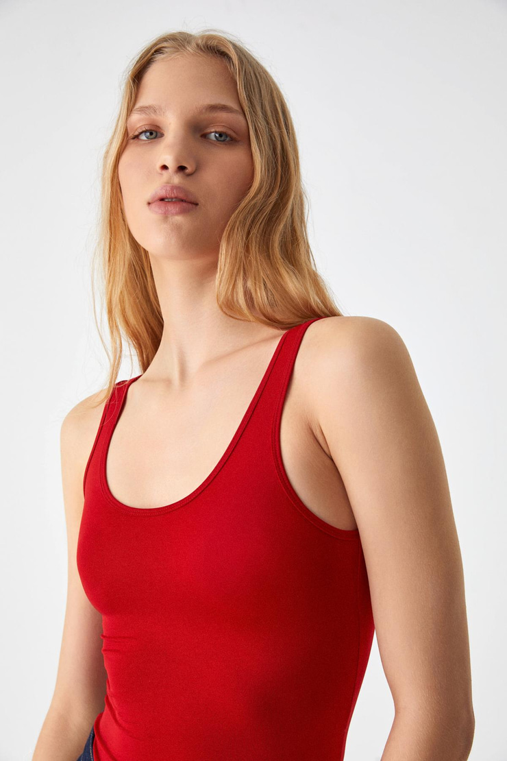 CHILES Kadın Slim Halter Yaka Kolsuz Çıtçıtlı Kırmızı Atlet