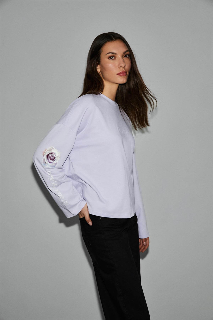 CIANELLE Kadın Organik Pamuklu Bisiklet Yakalı Uzun Kollu Oversize Lila T-Shirt