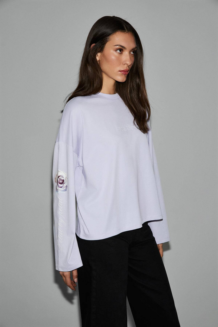 CIANELLE Kadın Organik Pamuklu Bisiklet Yakalı Uzun Kollu Oversize Lila T-Shirt