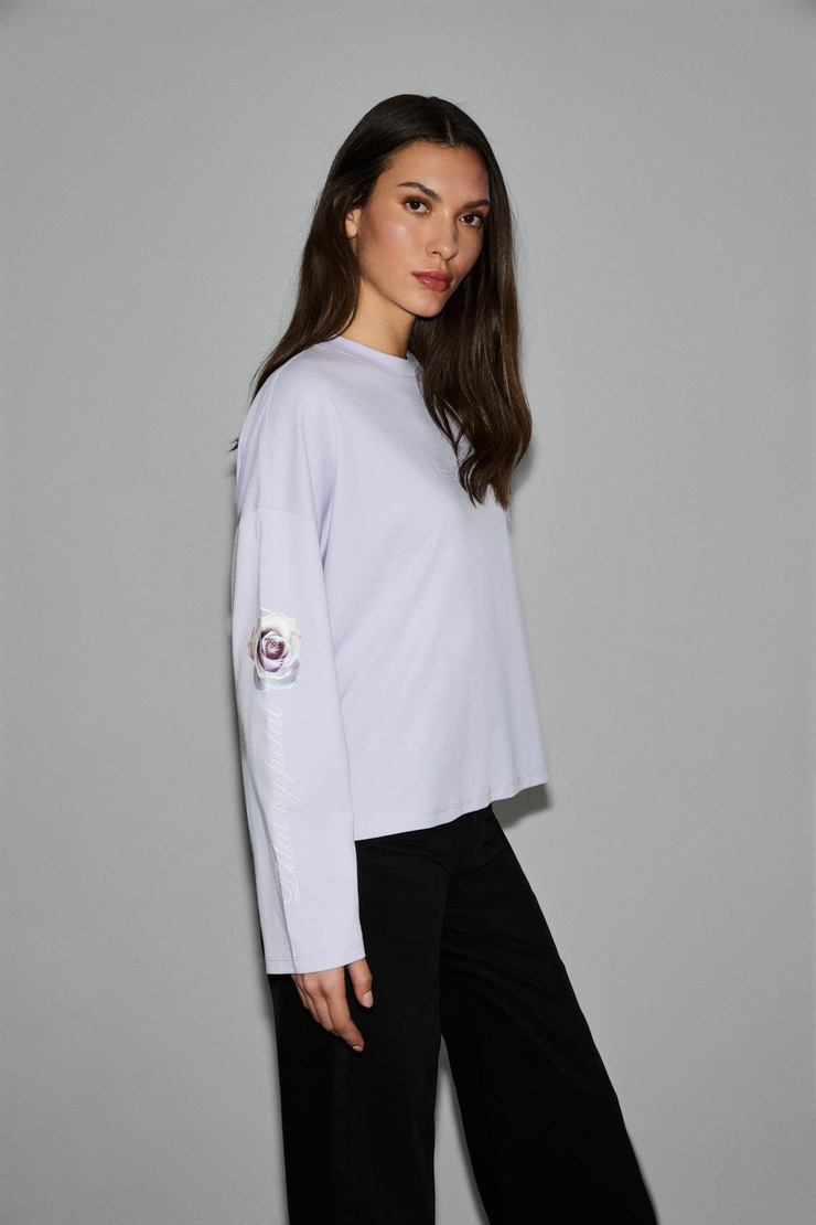 CIANELLE Kadın Organik Pamuklu Bisiklet Yakalı Uzun Kollu Oversize Lila T-Shirt