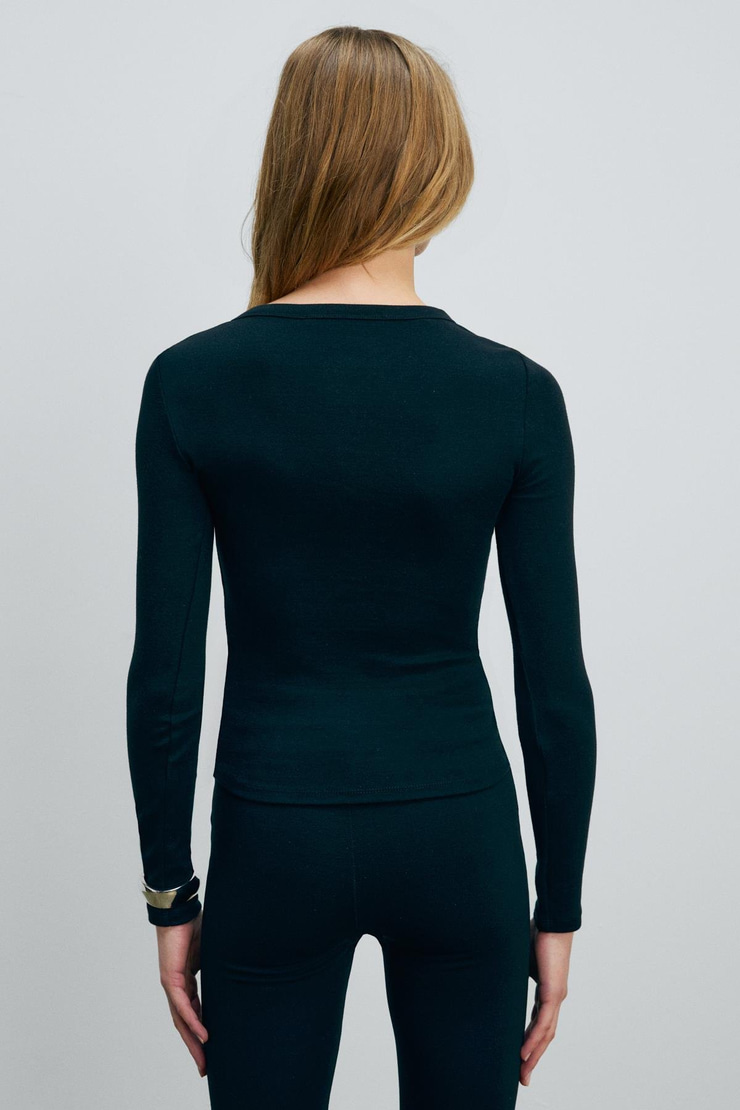 CIELO Kadın Yuvarlak Yaka Önü Yarım Pat Fonksiyonel Düğmeli Uzun Kollu Siyah Bluz