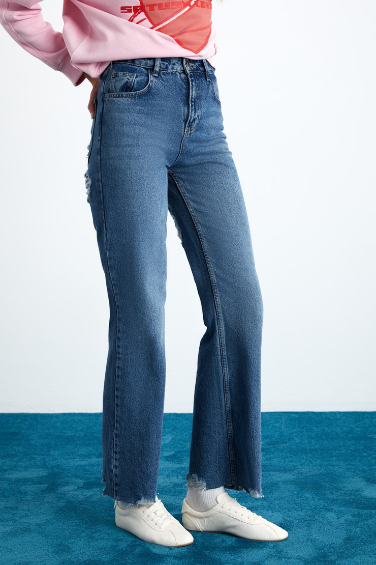 COCHEM Kadın Denim Kalın Kumaşlı Arka kısmı Kapalı Yırtık Straight Kalıp Kot Mavi Jeans