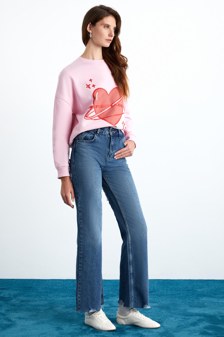 COCHEM Kadın Denim Kalın Kumaşlı Arka kısmı Kapalı Yırtık Straight Kalıp Kot Mavi Jeans