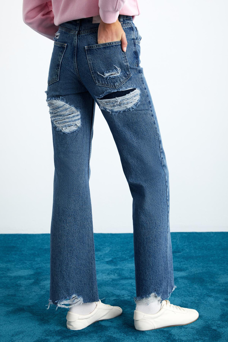 COCHEM Kadın Denim Kalın Kumaşlı Arka kısmı Kapalı Yırtık Straight Kalıp Kot Mavi Jeans