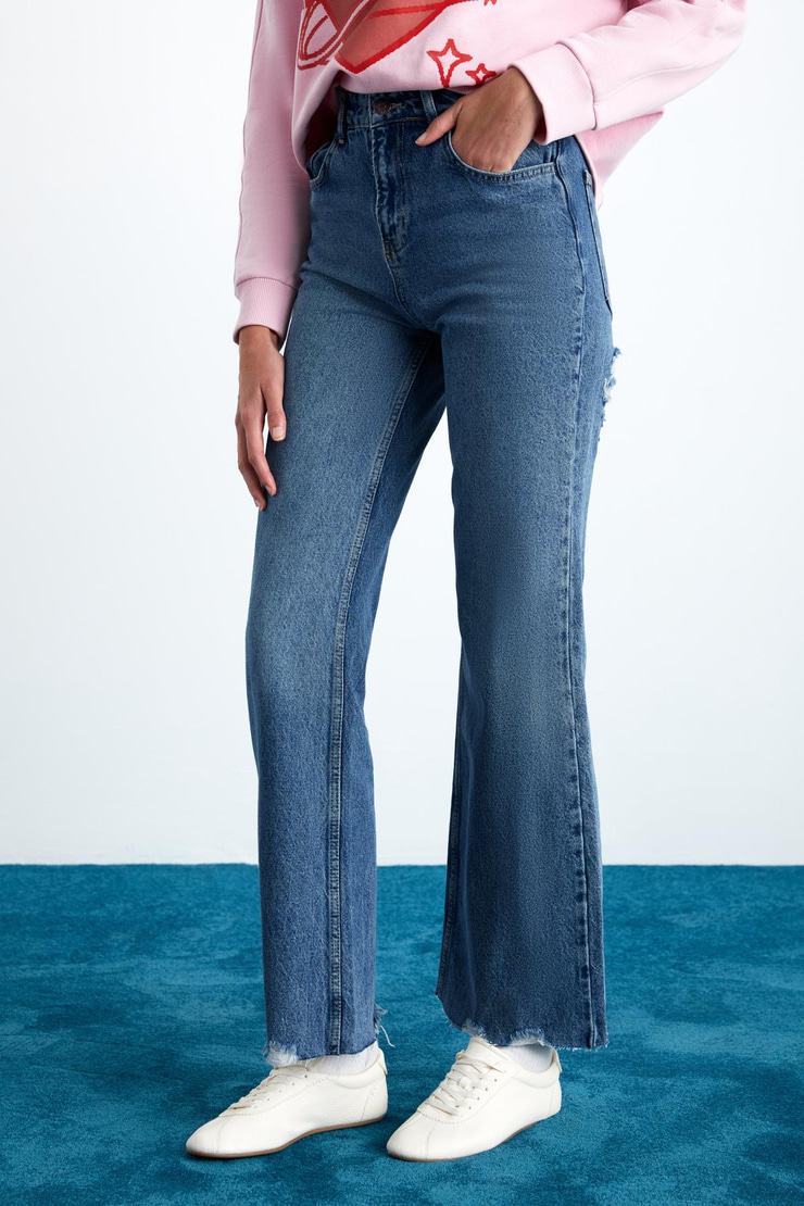 COCHEM Kadın Denim Kalın Kumaşlı Arka kısmı Kapalı Yırtık Straight Kalıp Kot Mavi Jeans