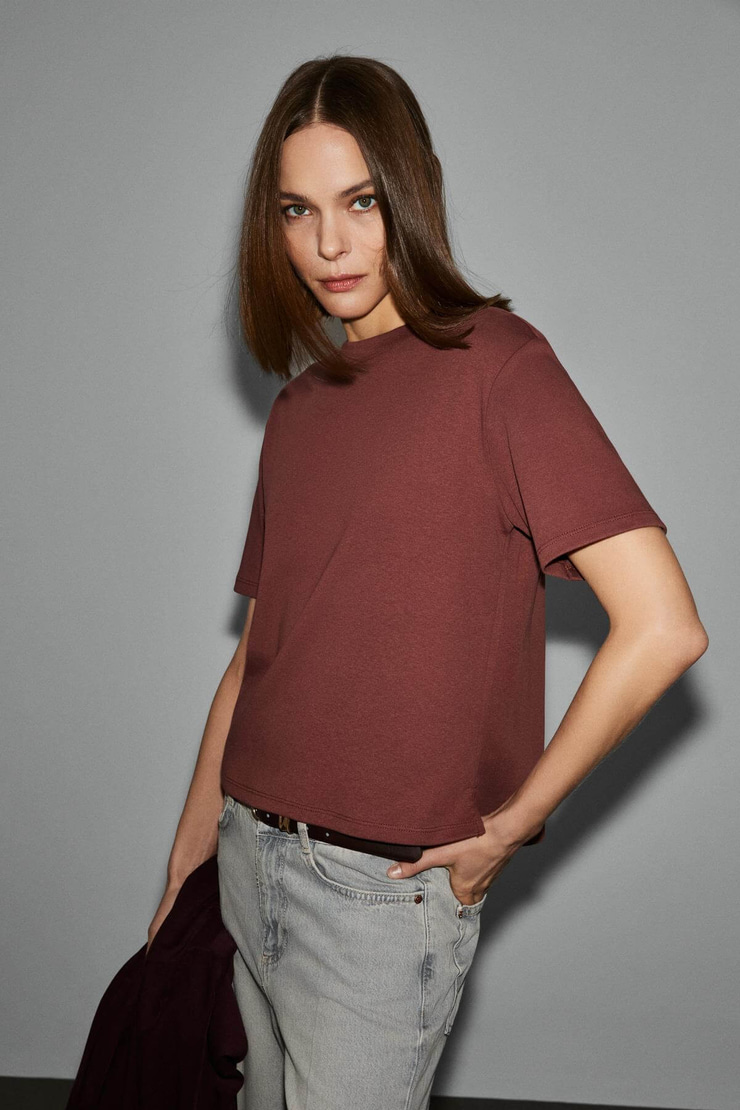 COLENA Kadın Organik Pamuklu Bisiklet Yaka Oversize Fit Kısa Kollu Kiremit Rengi T-Shirt